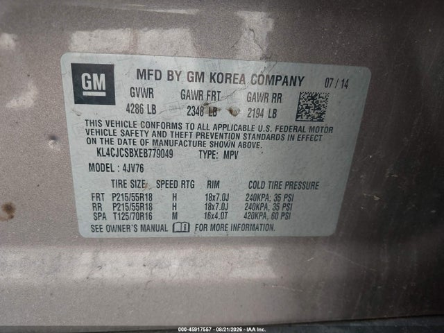 45917557 :رقم المزاد ، KL4CJCSBXEB779049 vin ، 2014 Buick Encore Leather مزاد بيع