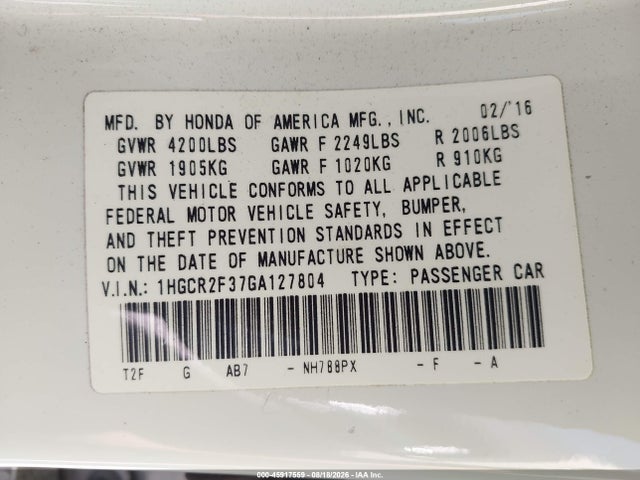 Honda ACCORD LX 2016 1HGCR2F37GA127804 Image 9