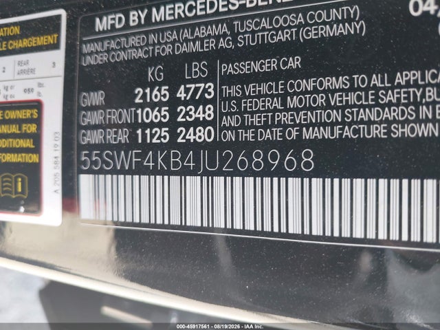45917561 :رقم المزاد ، 55SWF4KB4JU268968 vin ، 2018 Mercedes-benz C 300 4matic مزاد بيع