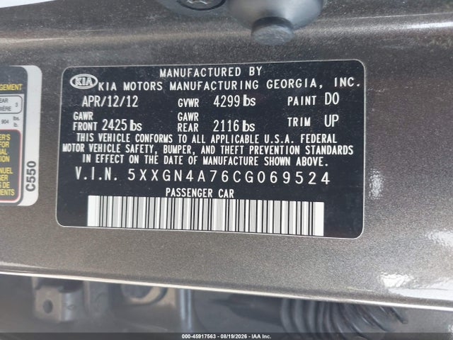 Продаж на аукціоні авто 2012 Kia Optima Ex, vin: 5XXGN4A76CG069524, номер лоту: 45917563