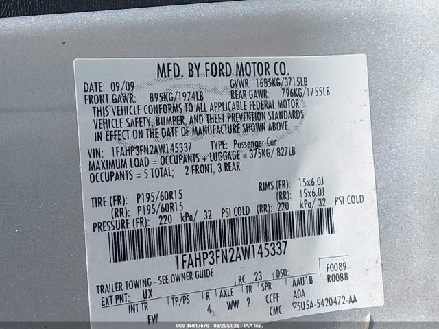 Продаж на аукціоні авто 2010 Ford Focus Se, vin: 1FAHP3FN2AW145337, номер лоту: 45917570