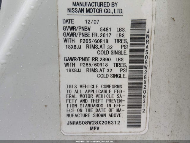 45917573 :رقم المزاد ، JNRAS08W28X208312 vin ، 2008 Infiniti Fx35 مزاد بيع