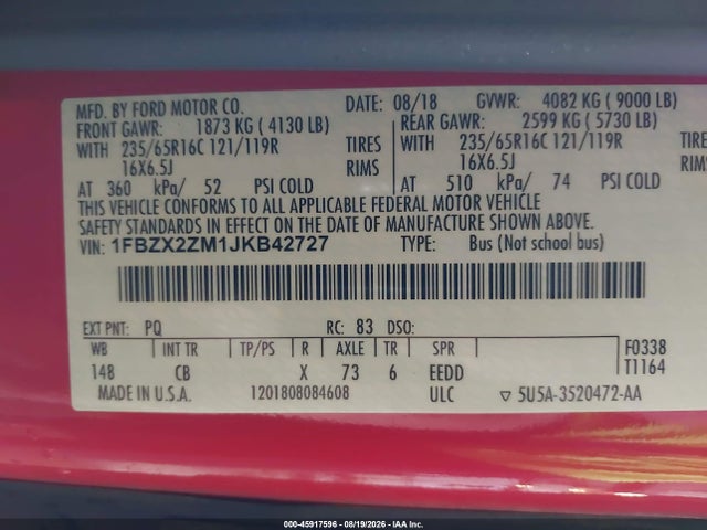 Продаж на аукціоні авто 2018 Ford Transit-350 Xl, vin: 1FBZX2ZM1JKB42727, номер лоту: 45917596