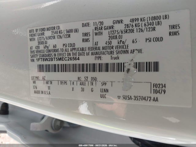 45917598 :رقم المزاد ، 1FT8W2BT5MEC26564 vin ، 2021 Ford F250 Super Duty مزاد بيع