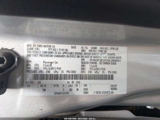 2016 Ford Focus S მანქანა იყიდება აუქციონზე, vin: 1FADP3E2XGL266651, აუქციონის ნომერი: 45917600