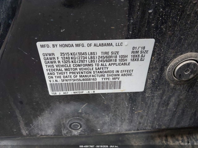 45917607 :رقم المزاد ، 5FNYF5H59JB008163 vin ، 2018 Honda Pilot Ex-l مزاد بيع