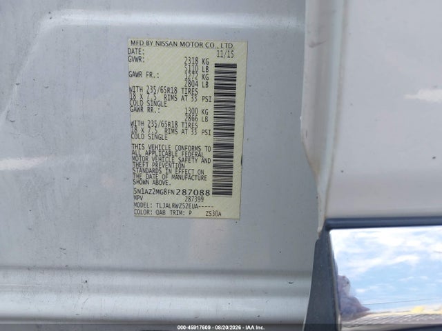 Продажа на аукционе авто 2015 Nissan Murano Sl, vin: 5N1AZ2MG8FN287088, номер лота: 45917609