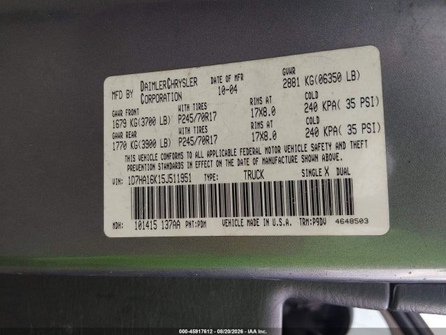 2005 Dodge Ram 1500 St მანქანა იყიდება აუქციონზე, vin: 1D7HA16K15J511951, აუქციონის ნომერი: 45917612