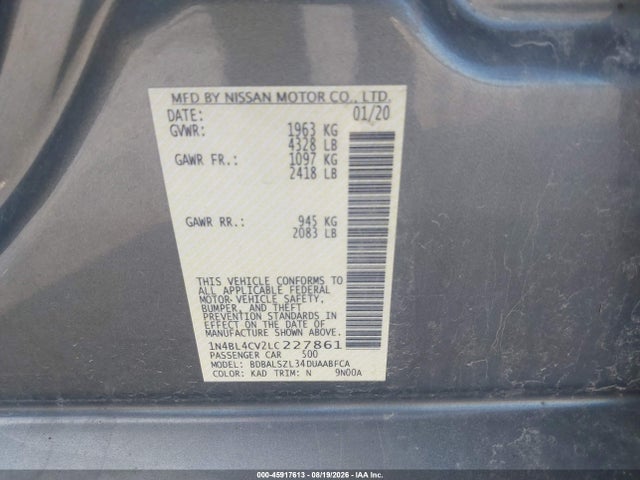 45917613 :رقم المزاد ، 1N4BL4CV2LC227861 vin ، 2020 Nissan Altima Sr Fwd مزاد بيع