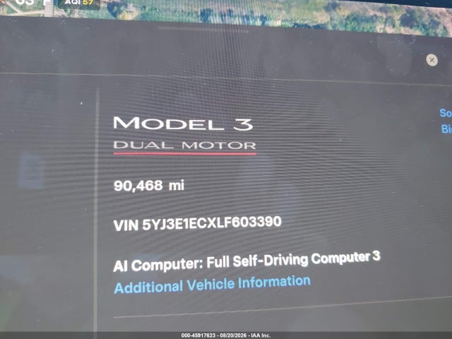 2020 Tesla Model 3 Performance Dual Motor All-wheel Drive მანქანა იყიდება აუქციონზე, vin: 5YJ3E1ECXLF603390, აუქციონის ნომერი: 45917623