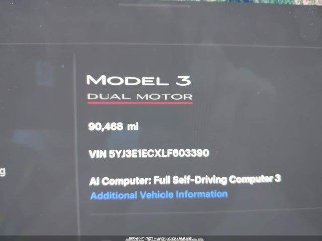 2020 Tesla Model 3 Performance Dual Motor All-wheel Drive მანქანა იყიდება აუქციონზე, vin: 5YJ3E1ECXLF603390, აუქციონის ნომერი: 45917623