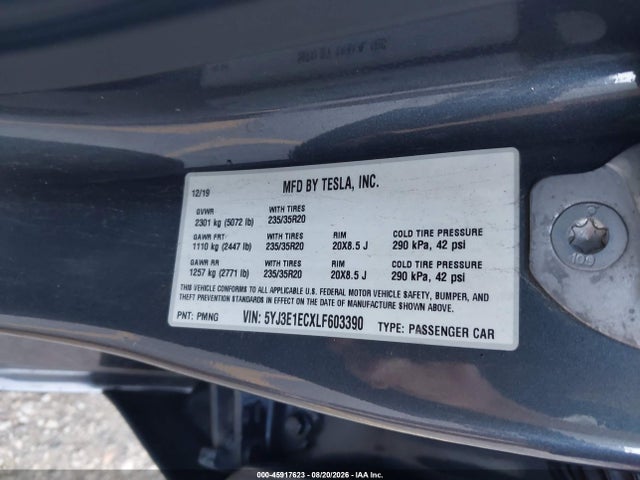 2020 Tesla Model 3 Performance Dual Motor All-wheel Drive მანქანა იყიდება აუქციონზე, vin: 5YJ3E1ECXLF603390, აუქციონის ნომერი: 45917623