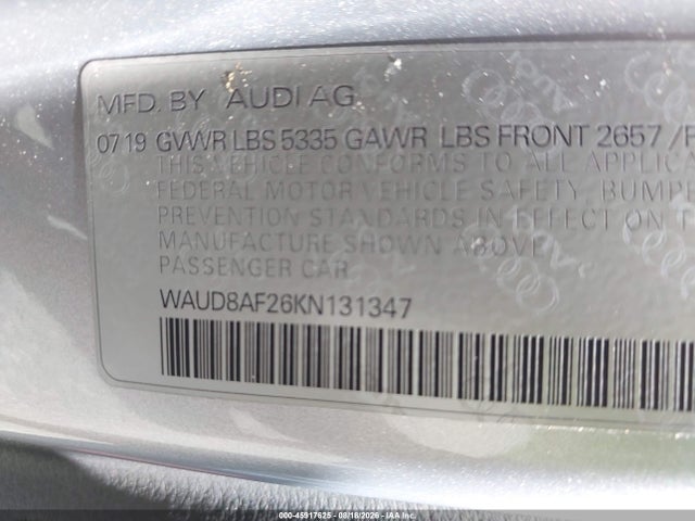 2019 Audi A6 45 Premium მანქანა იყიდება აუქციონზე, vin: WAUD8AF26KN131347, აუქციონის ნომერი: 45917625