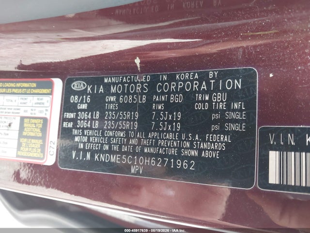 45917639 :رقم المزاد ، KNDME5C10H6271962 vin ، 2017 Kia Sedona Sx Luxury مزاد بيع