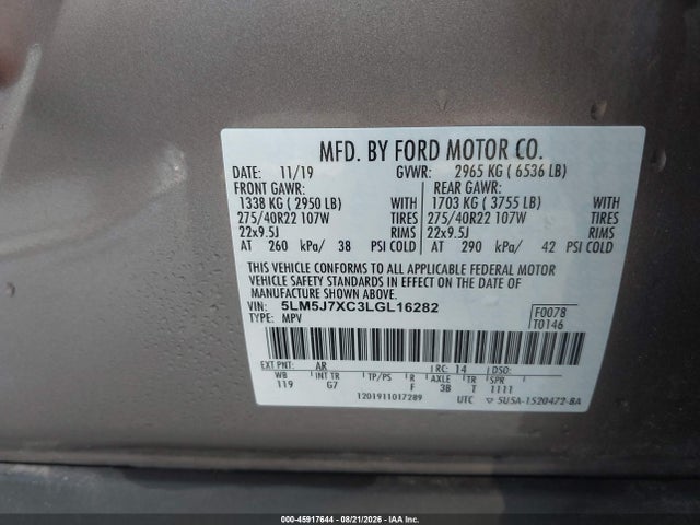 45917644 :رقم المزاد ، 5LM5J7XC3LGL16282 vin ، 2020 Lincoln Aviator Reserve مزاد بيع