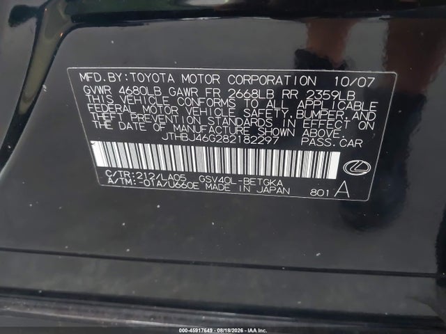 Продаж на аукціоні авто 2008 Lexus Es 350, vin: JTHBJ46G282182297, номер лоту: 45917649