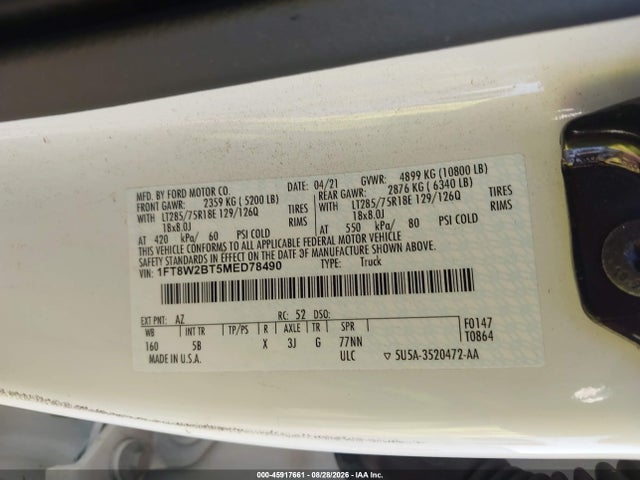 2021 Ford F-250 Lariat მანქანა იყიდება აუქციონზე, vin: 1FT8W2BT5MED78490, აუქციონის ნომერი: 45917661