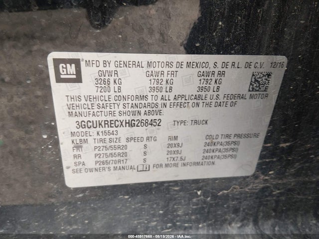 45917668 :رقم المزاد ، 3GCUKRECXHG268452 vin ، 2017 Chevrolet Silverado 1500 Lt مزاد بيع