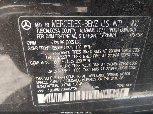 Продаж на аукціоні авто 1999 Mercedes-benz Ml 320, vin: 4JGAB54E1XA063707, номер лоту: 45917670