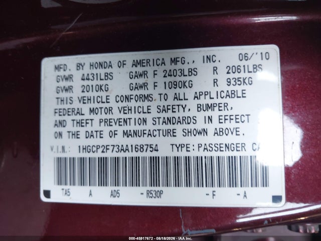 2010 Honda Accord 2.4 Ex მანქანა იყიდება აუქციონზე, vin: 1HGCP2F73AA168754, აუქციონის ნომერი: 45917672