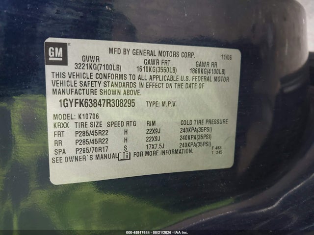 2007 Cadillac Escalade მანქანა იყიდება აუქციონზე, vin: 1GYFK63847R308295, აუქციონის ნომერი: 45917684