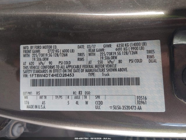 2017 Ford F-450 Xl მანქანა იყიდება აუქციონზე, vin: 1FT8W4DT4HED28453, აუქციონის ნომერი: 45917691