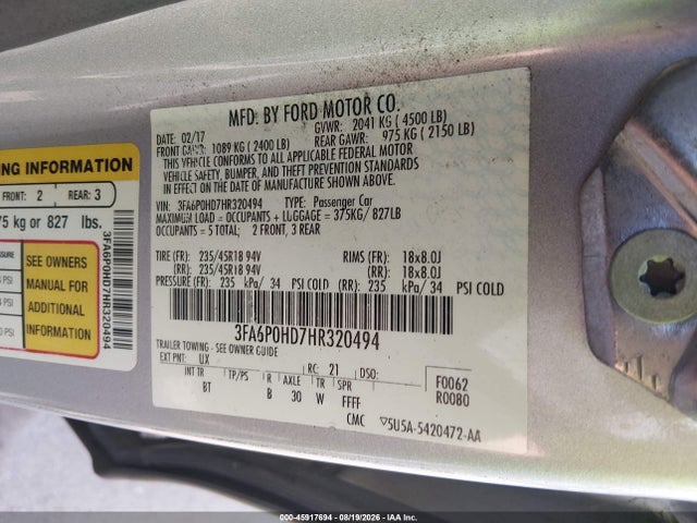 Продажа на аукционе авто 2017 Ford Fusion Se, vin: 3FA6P0HD7HR320494, номер лота: 45917694