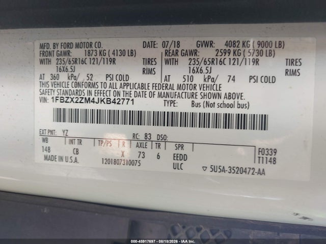 Aukcja sprzedaży 2018 Ford Transit-350 Xl, vin: 1FBZX2ZM4JKB42771, numer aukcji: 45917697