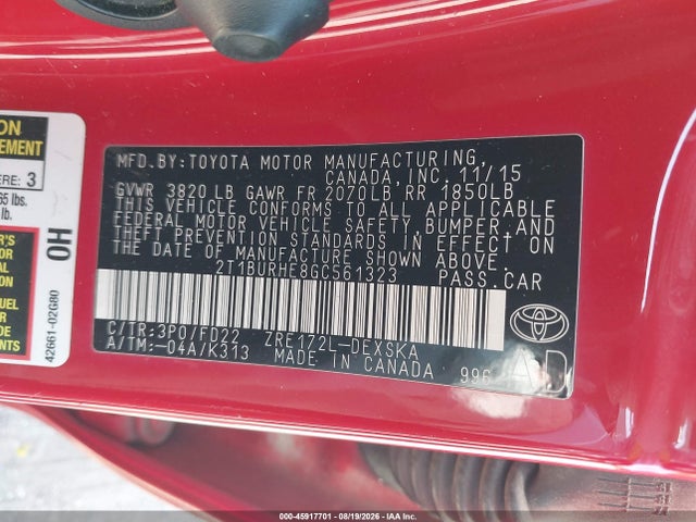 Продажа на аукционе авто 2016 Toyota Corolla S W/special Edition Pkg, vin: 2T1BURHE8GC561323, номер лота: 45917701