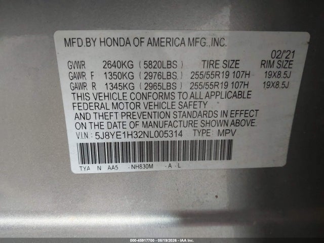 Продаж на аукціоні авто 2022 Acura Mdx Standard, vin: 5J8YE1H32NL005314, номер лоту: 45917700