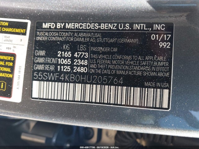 Продаж на аукціоні авто 2017 Mercedes-benz C 300 4matic, vin: 55SWF4KB0HU205764, номер лоту: 45917706