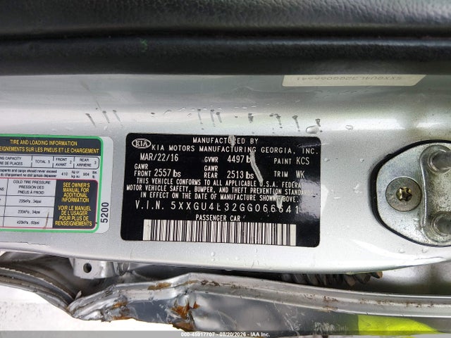 45917707 :رقم المزاد ، 5XXGU4L32GG066641 vin ، 2016 Kia Optima Ex مزاد بيع