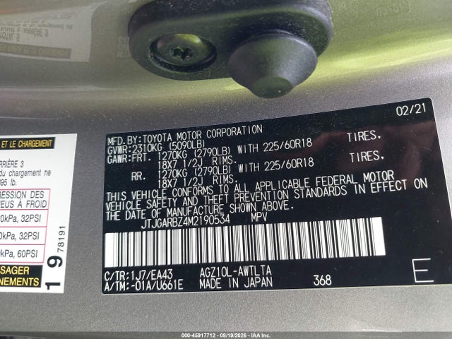 45917712 :رقم المزاد ، JTJGARBZ4M2190534 vin ، 2021 Lexus Nx 300 مزاد بيع