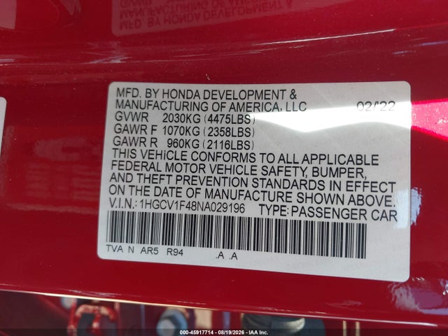 1HGCV1F48NA029196 Honda Accord Sport Special Edition