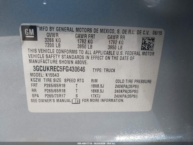 Aukcja sprzedaży 2015 Chevrolet Silverado 1500 Lt, vin: 3GCUKREC5FG430646, numer aukcji: 45917716