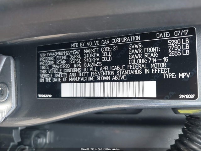 45917721 :رقم المزاد ، YV449MRU1H2211547 vin ، 2017 Volvo Xc60 T6 Inscription مزاد بيع