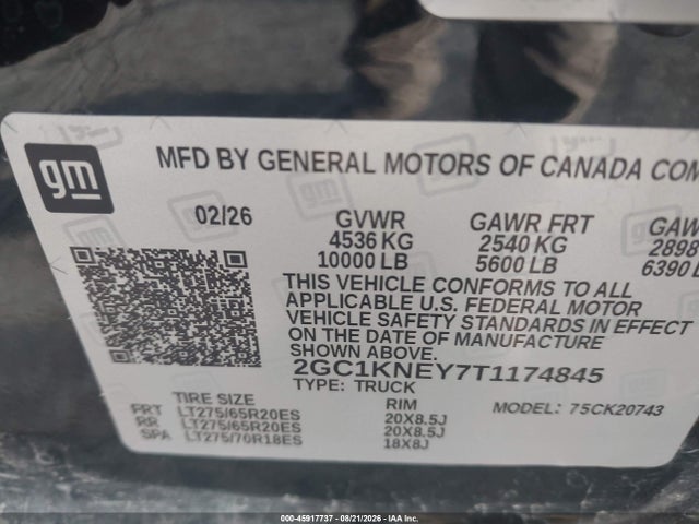 45917737 :رقم المزاد ، 2GC1KNEY7T1174845 vin ، 2026 Chevrolet Silverado 2500 Hd , Standard Bed, Lt, 4wd مزاد بيع