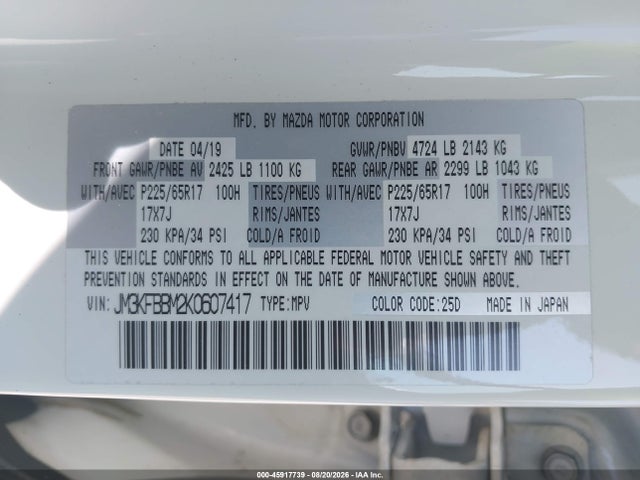45917739 :رقم المزاد ، JM3KFBBM2K0607417 vin ، 2019 Mazda Cx-5 Sport مزاد بيع