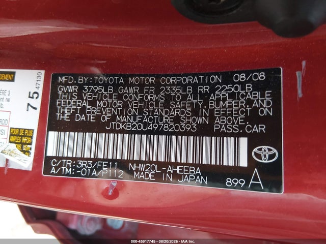 Продаж на аукціоні авто 2009 Toyota Prius, vin: JTDKB20U497820393, номер лоту: 45917745