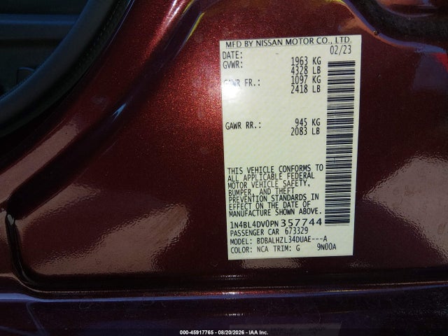 Продаж на аукціоні авто 2023 Nissan Altima Sv Fwd, vin: 1N4BL4DV0PN357744, номер лоту: 45917765