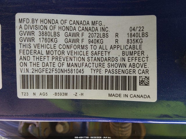 Honda Civic Sport 2022 2HGFE2F50NH581045 Image 9