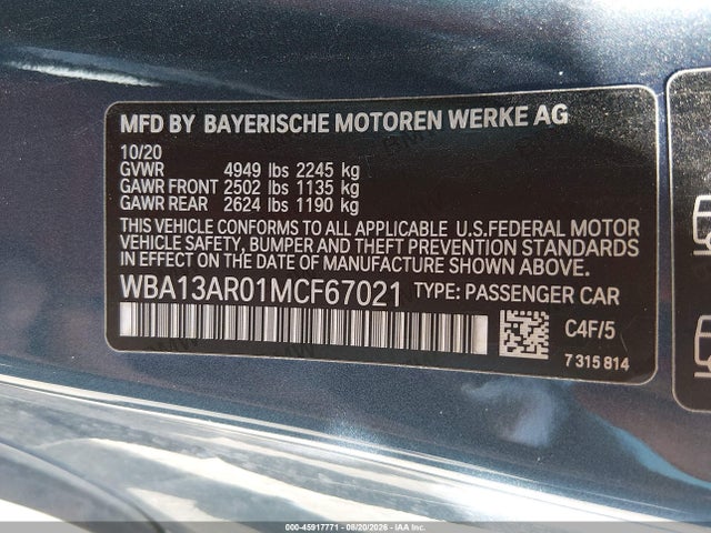 45917771 :رقم المزاد ، WBA13AR01MCF67021 vin ، 2021 Bmw M440i Xdrive مزاد بيع