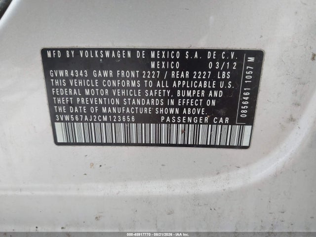 2012 Volkswagen Jetta Gli Autobahn მანქანა იყიდება აუქციონზე, vin: 3VW567AJ2CM123656, აუქციონის ნომერი: 45917770