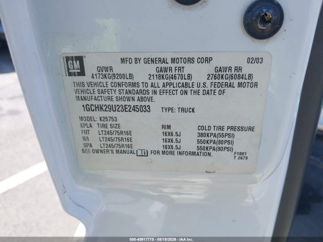 Продаж на аукціоні авто 2003 Chevrolet Silverado 2500hd Lt, vin: 1GCHK29U23E245033, номер лоту: 45917775