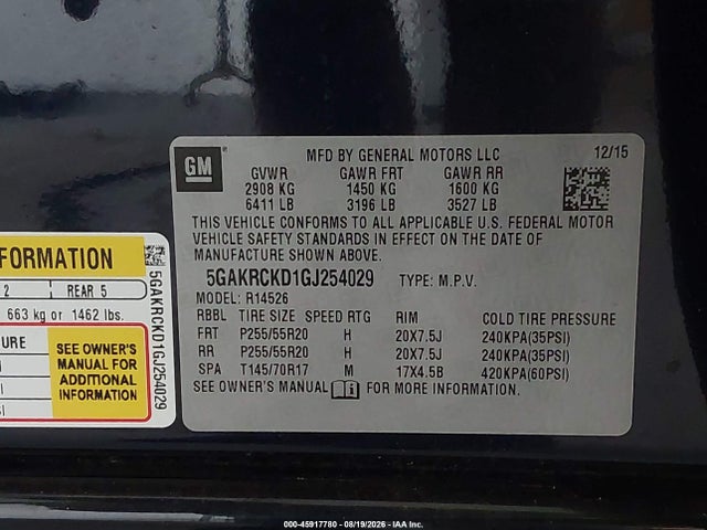 2016 Buick Enclave Premium მანქანა იყიდება აუქციონზე, vin: 5GAKRCKD1GJ254029, აუქციონის ნომერი: 45917780
