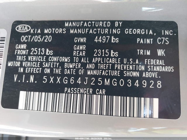 Продаж на аукціоні авто 2021 Kia K5 Gt-line, vin: 5XXG64J25MG034928, номер лоту: 45917790