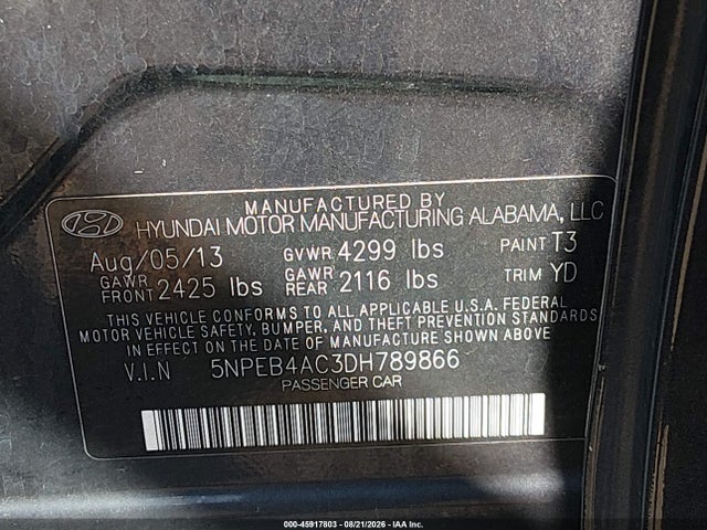 Aukcja sprzedaży 2013 Hyundai Sonata Gls, vin: 5NPEB4AC3DH789866, numer aukcji: 45917803