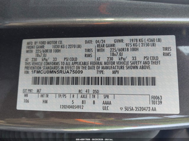 2024 Ford Escape St-line მანქანა იყიდება აუქციონზე, vin: 1FMCU0MN5RUA75009, აუქციონის ნომერი: 45917806