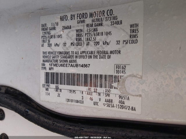 2010 Ford Explorer Eddie Bauer მანქანა იყიდება აუქციონზე, vin: 1FMEU6EE7AUB14567, აუქციონის ნომერი: 45917807