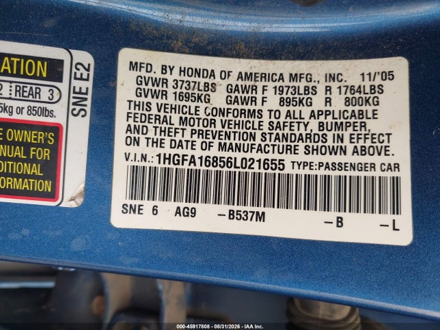 2006 Honda Civic Ex მანქანა იყიდება აუქციონზე, vin: 1HGFA16856L021655, აუქციონის ნომერი: 45917808